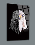 Modern geometric eagle art print on glass, showcasing sharp lines and vibrant colors for contemporary decor.