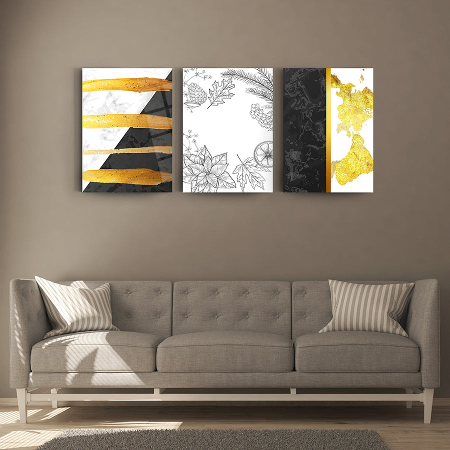 Geometrik Desen-5 3'lü Set Cam Tablo, üç parça modern sanat eseri, sarı ve siyah tasarımlar, şık oturma odası dekoru.