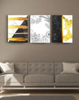 Geometrik Desen-5 3'lü Set Cam Tablo, üç parça modern sanat eseri, sarı ve siyah tasarımlar, şık oturma odası dekoru.
