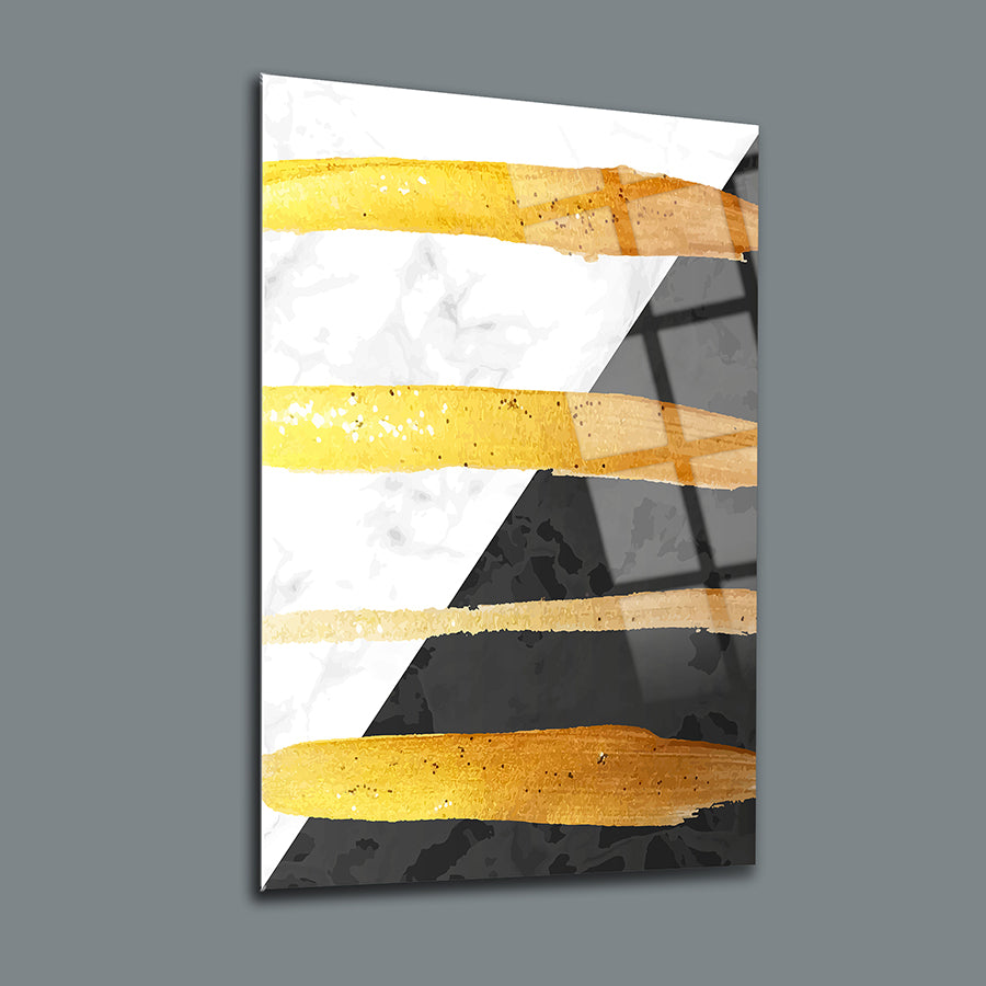 Geometrik Desen-5 3'lü Set Cam Tablo, şık altın ve siyah çizgilerle modern dekorasyon için ideal.