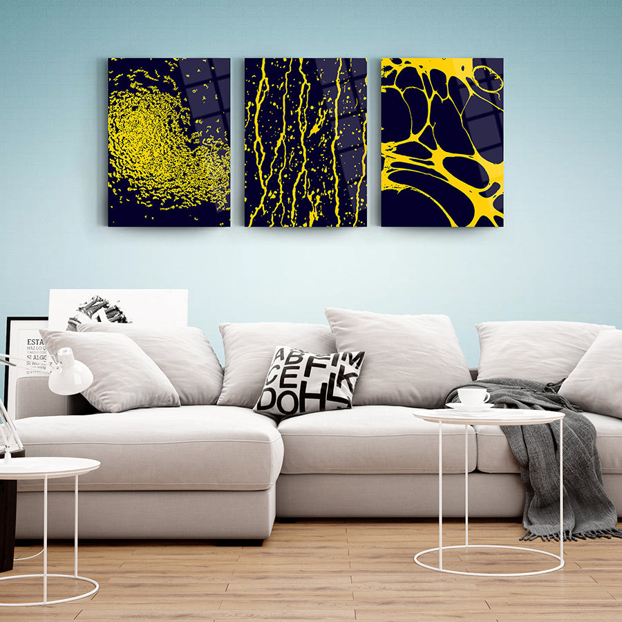 Sarı Damlalar 3'lü set cam tablo, modern dekorasyon için şık ve dayanıklı sanat eseri.