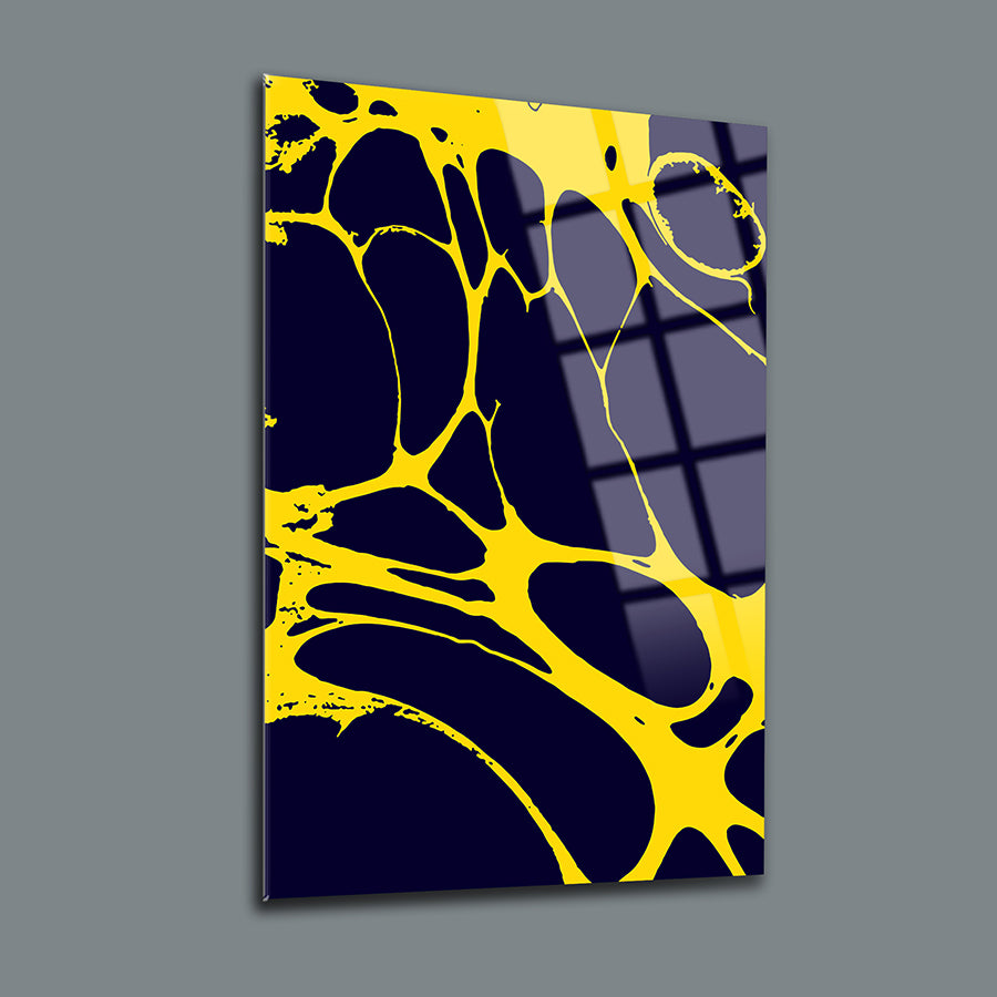 Sarı Damlalar 3'lü set cam tablo, modern abstract art with yellow and blue design, high-quality tempered glass.