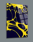Sarı Damlalar 3'lü set cam tablo, modern abstract art with yellow and blue design, high-quality tempered glass.