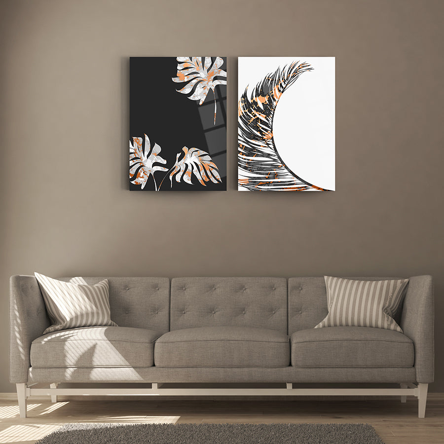 Gri Yapraklar 2'li Set Cam Tablo, modern iç mimari için şık dekoratif sanat parçaları.