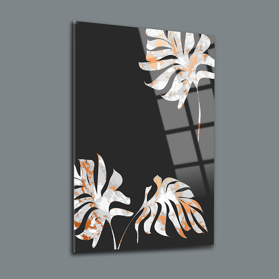 Gri Yapraklar 2'li Set Cam Tablo, modern tasarımlı dekoratif cam tablo, tropik yaprak desenleri.