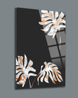 Gri Yapraklar 2'li Set Cam Tablo, modern tasarımlı dekoratif cam tablo, tropik yaprak desenleri.