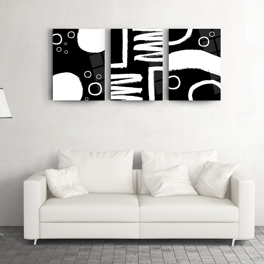 Soyut Desen-1 3'lü set cam tablo, siyah beyaz tasarım, modern dekorasyon için şık bir seçenek.