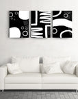 Soyut Desen-1 3'lü set cam tablo, siyah beyaz tasarım, modern dekorasyon için şık bir seçenek.