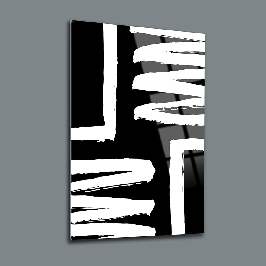 Soyut Desen-1 3'lü Set Cam Tablo, modern siyah-beyaz tasarım, UV baskı ile yüksek kaliteli cam üzerine işlenmiş.