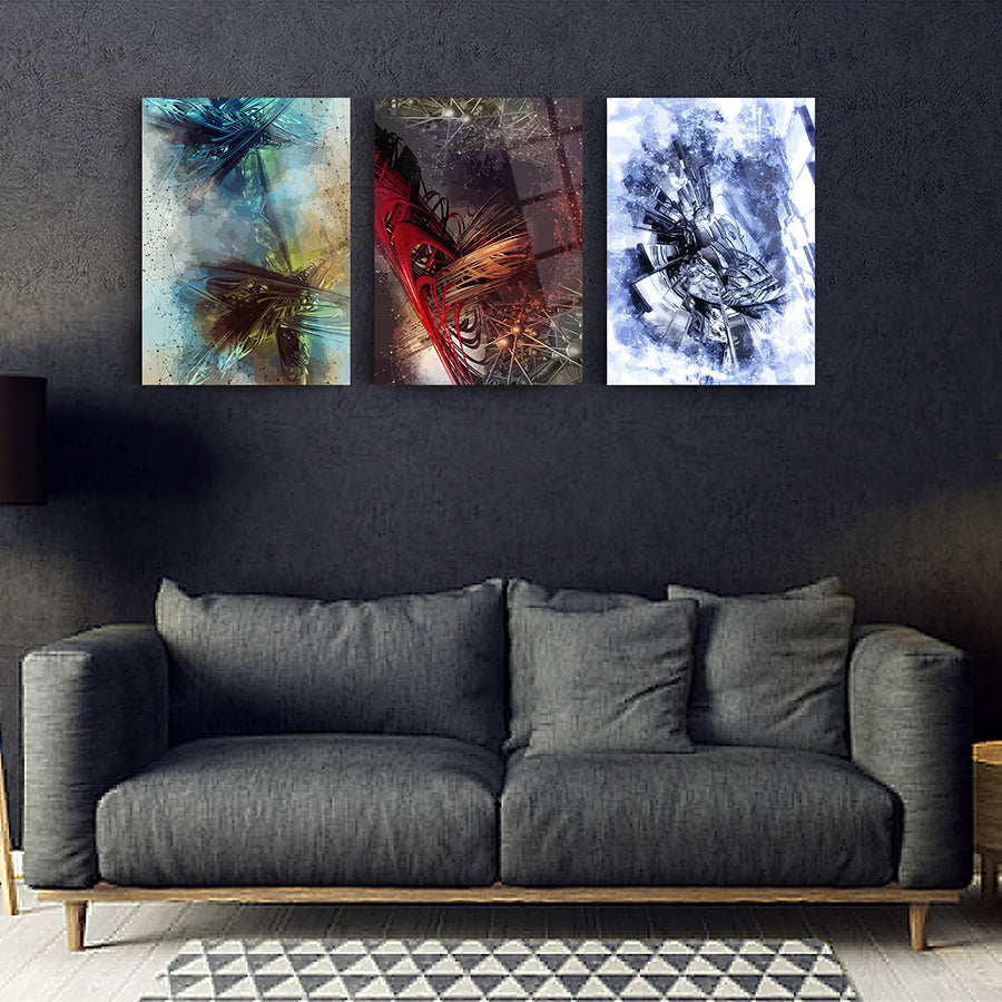Soyut Desen-3 üçlü set cam tablo, modern oturma odası dekorasyonu için şık ve dayanıklı tasarım.