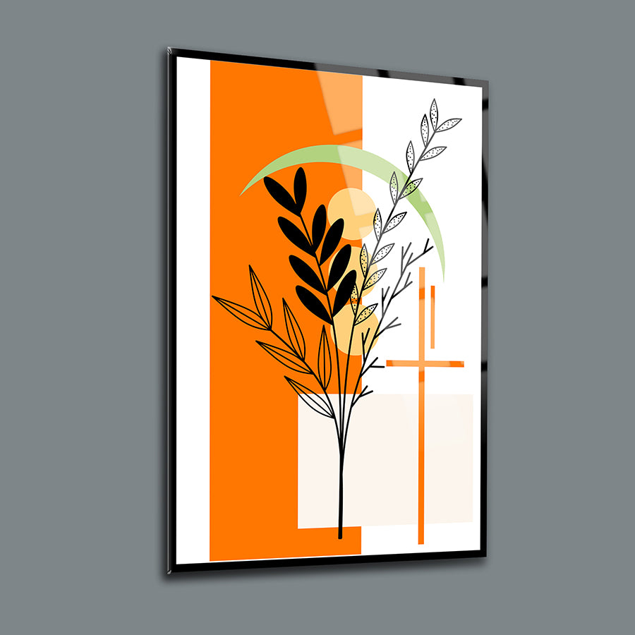 Modern cam tablo with abstract floral design and vibrant orange background.