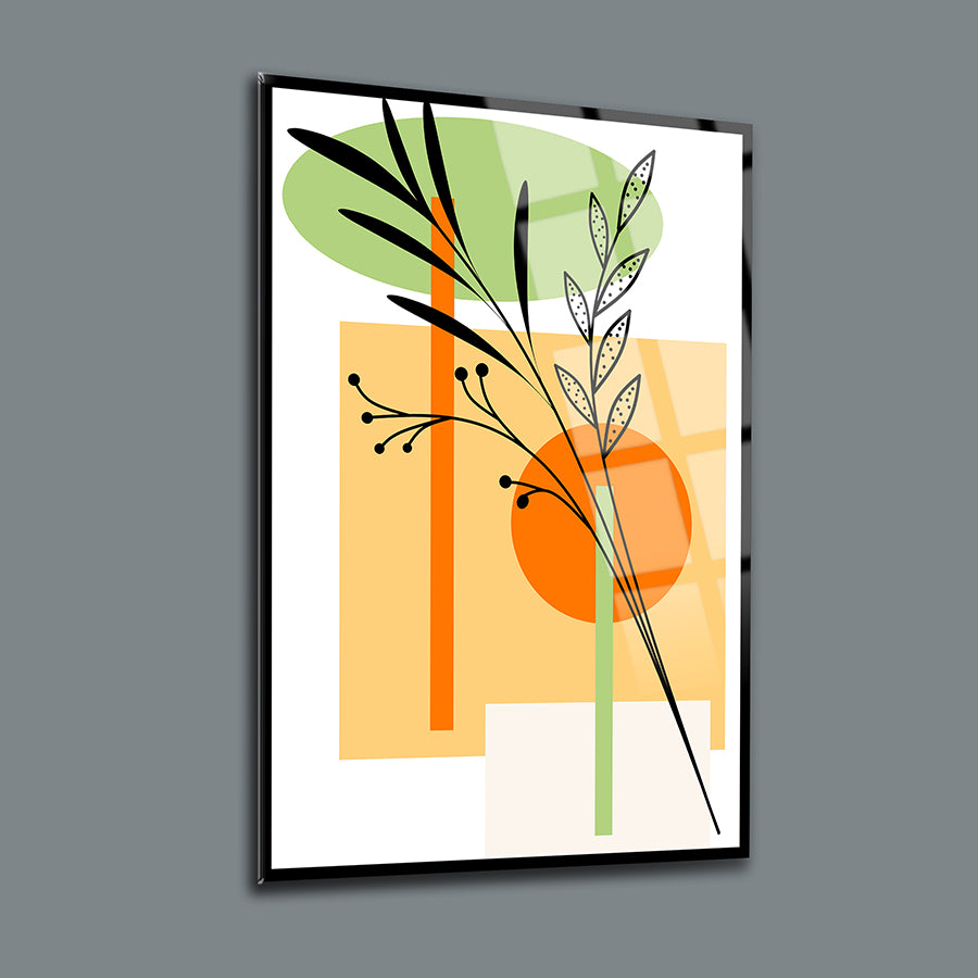 Modern glass wall art featuring abstract plant design in vibrant colors and geometric shapes.