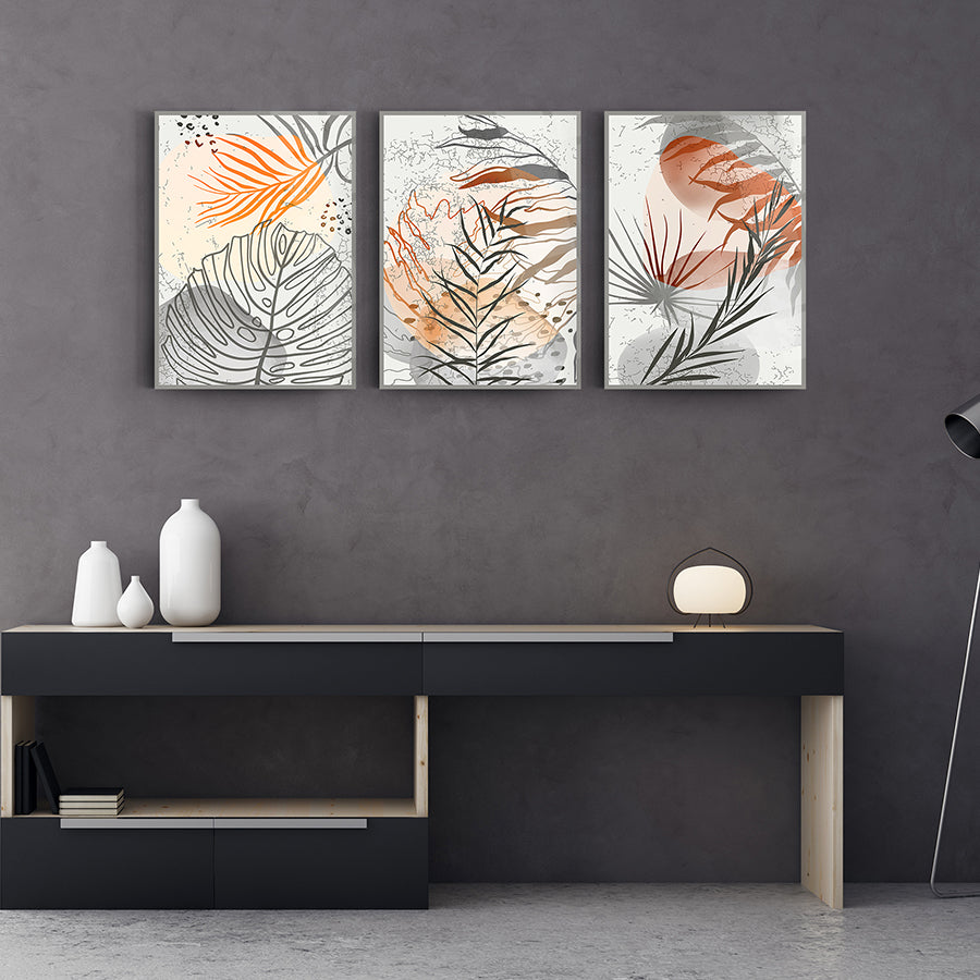 Çatlayan Yapraklar 3'lü Set Cam Tablo, modern tasarımlarla şık iç mekan dekorasyonu.