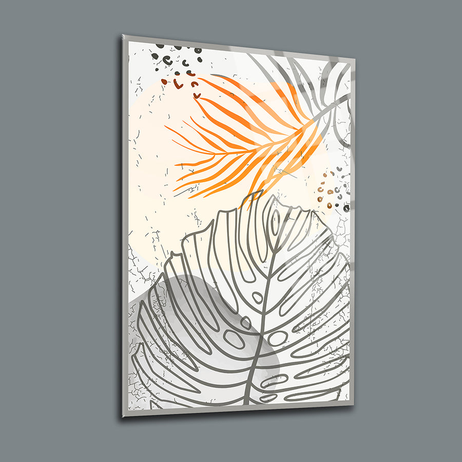 Çatlayan Yapraklar 3'lü Set Cam Tablo, modern tasarım, şık bitki desenleri ile iç mekan dekorasyonu.