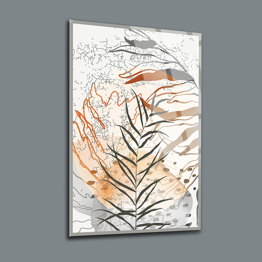 Modern abstract glass artwork featuring layered leaf designs in warm tones and geometric patterns.