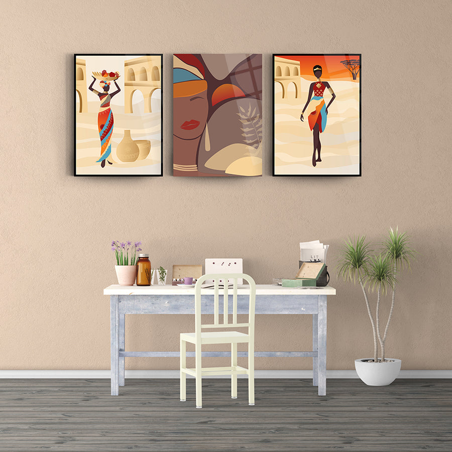 Afrikalı Kadın-1 3'lü set cam tablo, modern dekorasyon için zarif ve dayanıklı tasarım.