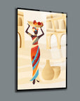 Colorful glass wall art featuring an African woman with pottery, a vibrant design by SRD Concept.