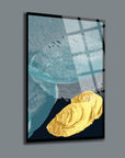 Modern glass art set featuring golden textures and abstract blue patterns, perfect for home decor.