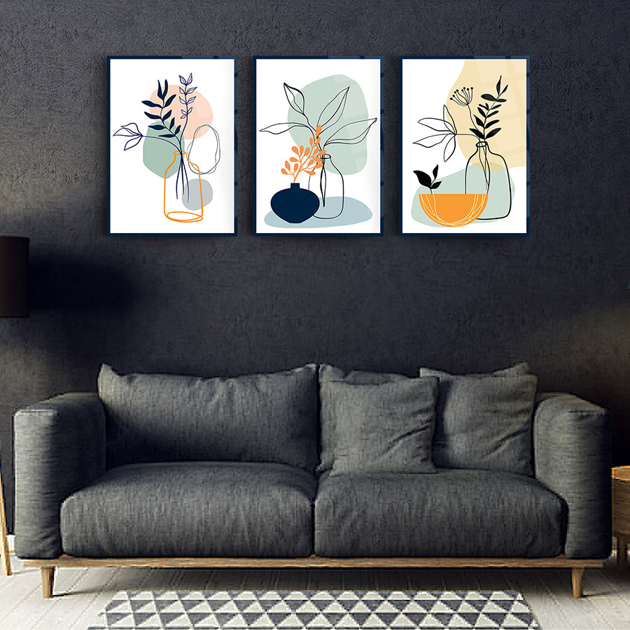 Şişedeki yapraklar 3'lü set cam tablo, modern dekor, şık oturma odası tasarımı.