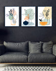 Şişedeki yapraklar 3'lü set cam tablo, modern dekor, şık oturma odası tasarımı.