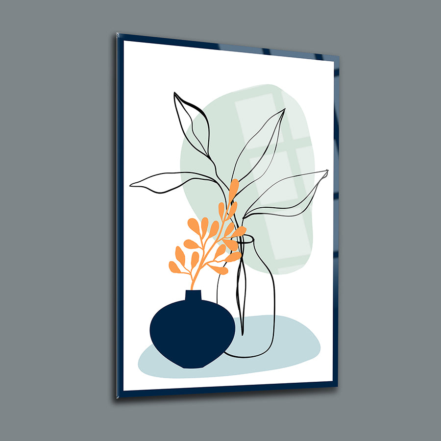 Stylish glass wall art featuring leaves in a vase with contemporary design and vibrant colors.