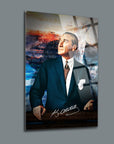 Modern glass wall art featuring a man in a suit with abstract background, showcasing high-quality craftsmanship.