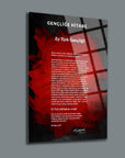 Artistic glass wall art featuring the text 'Ey Türk Gençliği', emphasizing youth and national identity.