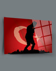 Atatürk silhouette on red background, high-quality tempered glass wall art with UV printing.