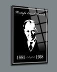 Stylish Atatürk glass wall art, featuring a silhouette of Mustafa Kemal Atatürk, 1881-1938, high-quality tempered glass.