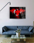 Modern red-themed wall art featuring an abstract design above a stylish sofa in a contemporary living space.