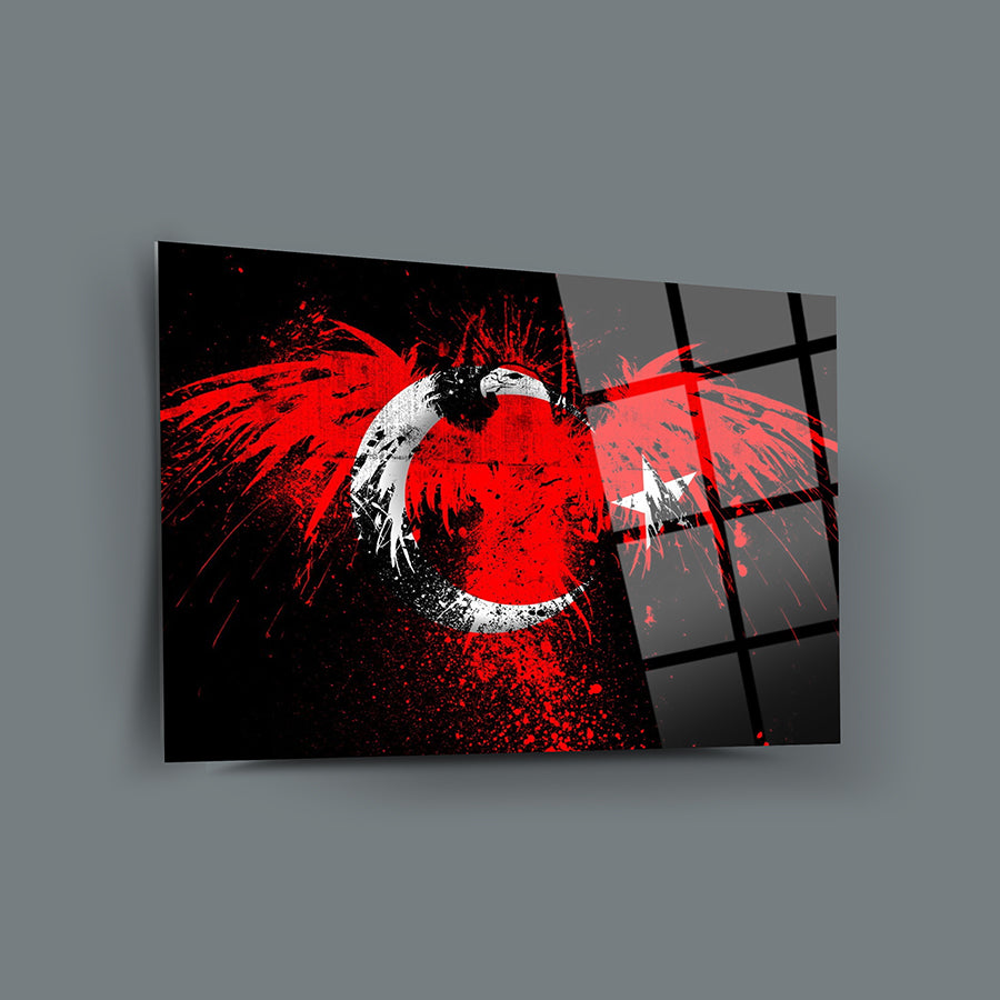 Kartal Türk Bayrağı Cam Tablo, 4 mm kalınlığında temperli cam, UV baskı, modern ev dekoru.