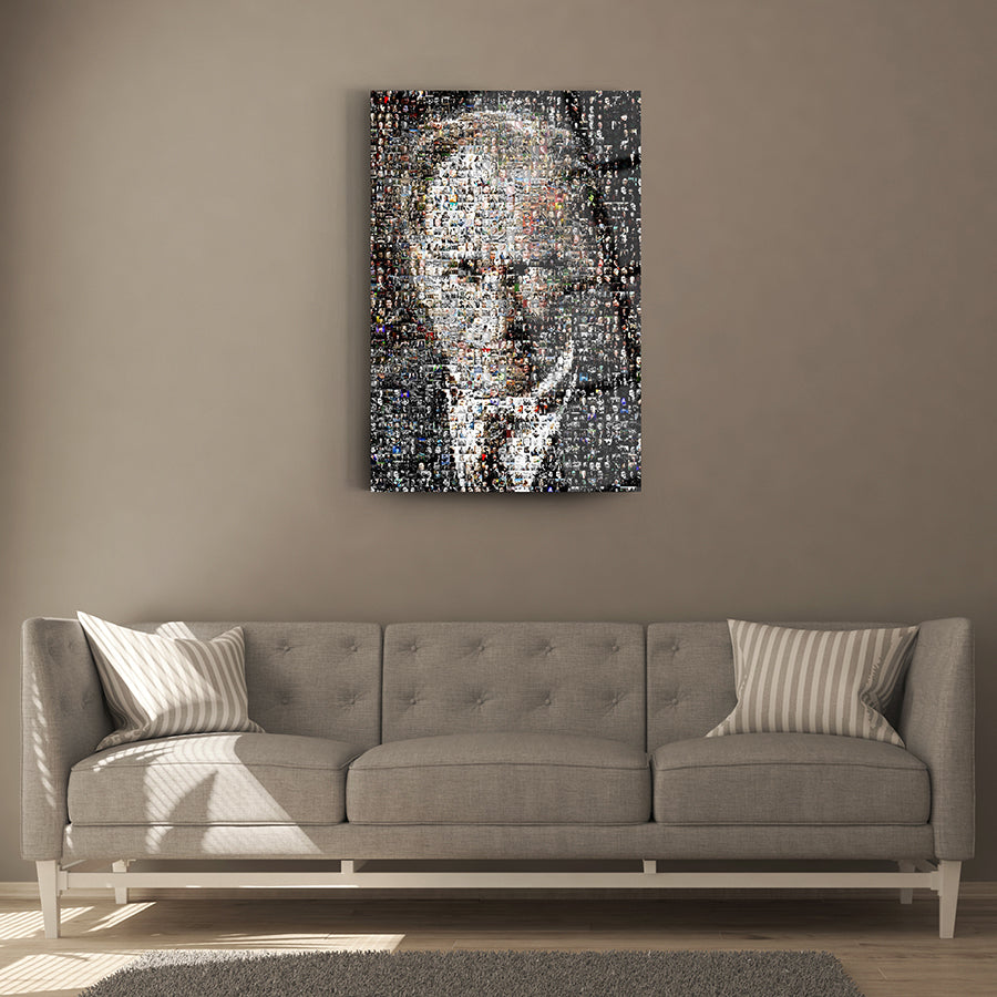 Atatürk Cam Tablo in a modern living room with a stylish gray sofa.