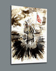 Atatürk 18 Cam Tablo featuring a soldier holding a flag with a dramatic artistic backdrop.
