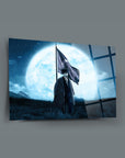 Atatürk 20 Cam Tablo with moon background, featuring a figure holding a flag, UV printed on high-quality glass.