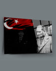 Atatürk 23 Cam Tablo, özel tasarım, temper cam, UV baskı, Türk bayrağı teması, yüksek kalite dekorasyon.