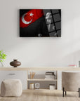 Atatürk style cam tablo with Turkish flag background on modern home decor.