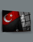 Atatürk 37 Cam Tablo with Turkish flag background, featuring unique UV printing on durable tempered glass.