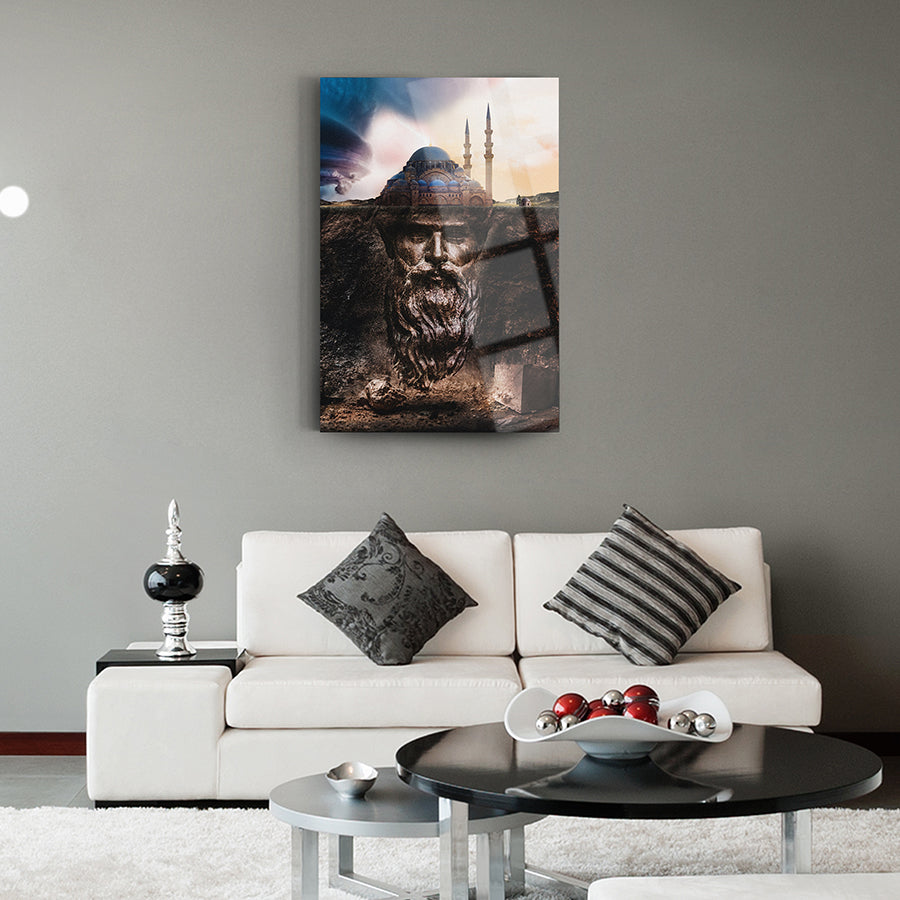 Mimar Sinan cam tablo, 4 mm kalınlığında yüksek kaliteli camda özel tasarım, modern oturma odası dekorasyonu.