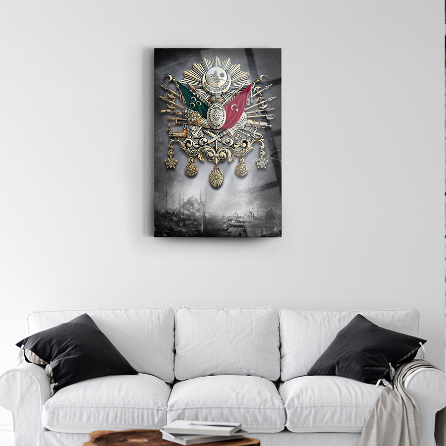 Osmanlı Tuğrası 3 Cam Tablo, şık ve modern tasarım, lüks ev dekorasyonu için ideal.