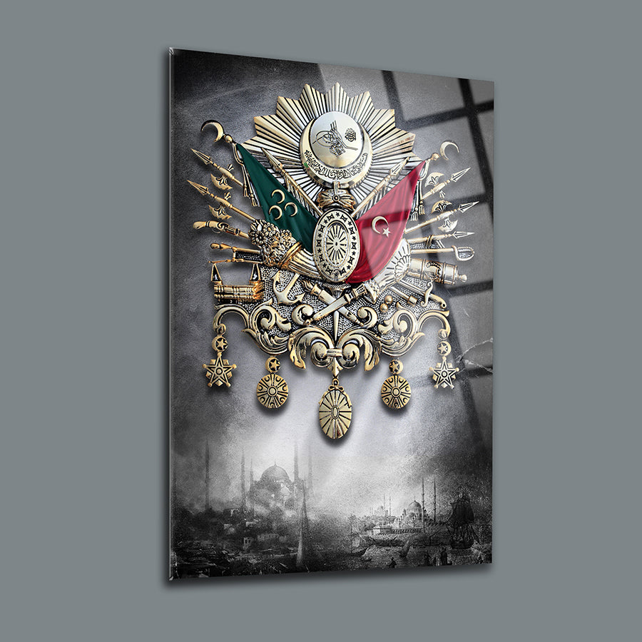 Osmanlı Tuğrası 3 Cam Tablo, yüksek kaliteli UV baskıyla tasarlanmış şık dekoratif cam tablo.