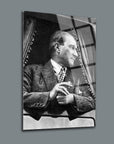 Atatürk 40 Cam Tablo showcasing a classic black and white portrait of a distinguished man in formal attire.