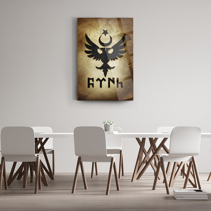 Çift Başlı Kartal Cam Tablo, özel tasarım UV baskı ile hazırlanmış, şık ofis dekorasyonu.