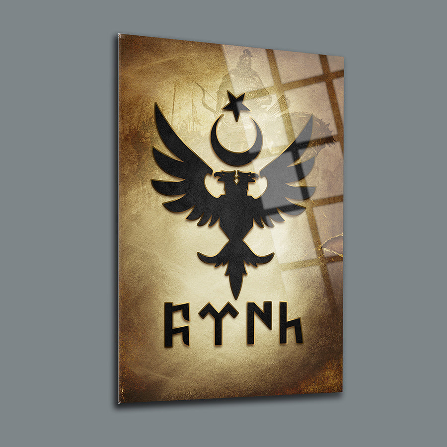 Çift başlı kartal motifli cam tablo, yüksek kaliteli UV baskı ile tasarlanmış, 4 mm kalınlığında, şık dekorasyon.