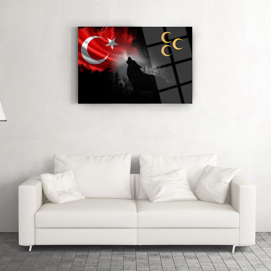 Bozkurt Üç Hilal cam tablo, modern oturma odası dekorasyonunda yer alan özel tasarım.