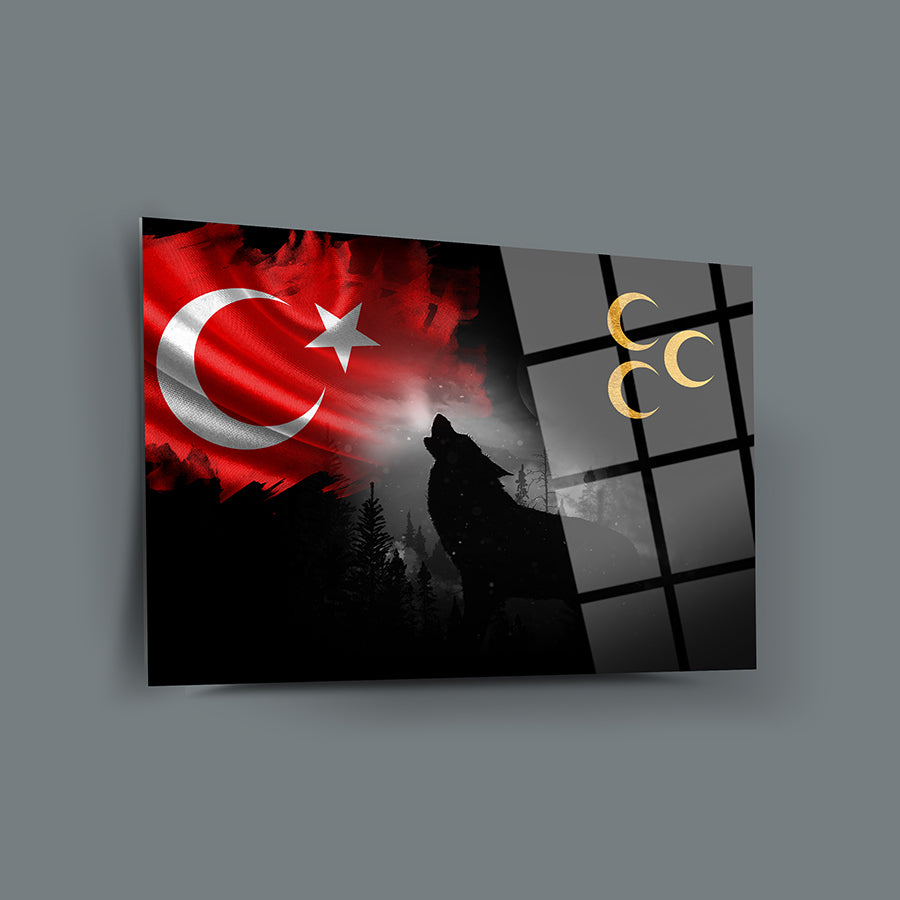 Bozkurt Üç Hilal cam tablo, Türk bayrağı ve kurt figürü ile modern tasarım, 4mm yüksek kaliteli temperli cam.
