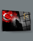 Bozkurt Üç Hilal cam tablo, Türk bayrağı ve kurt figürü ile modern tasarım, 4mm yüksek kaliteli temperli cam.