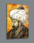 Fatih Sultan Mehmet portrait on tempered glass, high-quality UV print, durable and stylish wall art.