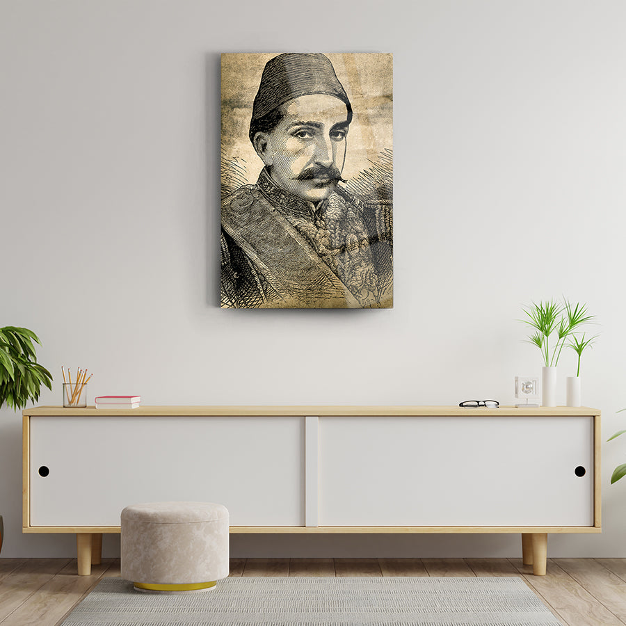 Abdülhamithan portre cam tablo, modern dekor, kaliteli UV baskı ile tasarlanmış.