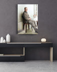 Modern living room featuring Atatürk glass art piece on a gray wall, stylish furniture, and decorative accents.
