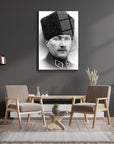 Black and white cam tablo of Atatürk displayed in a modern living room with stylish furniture.
